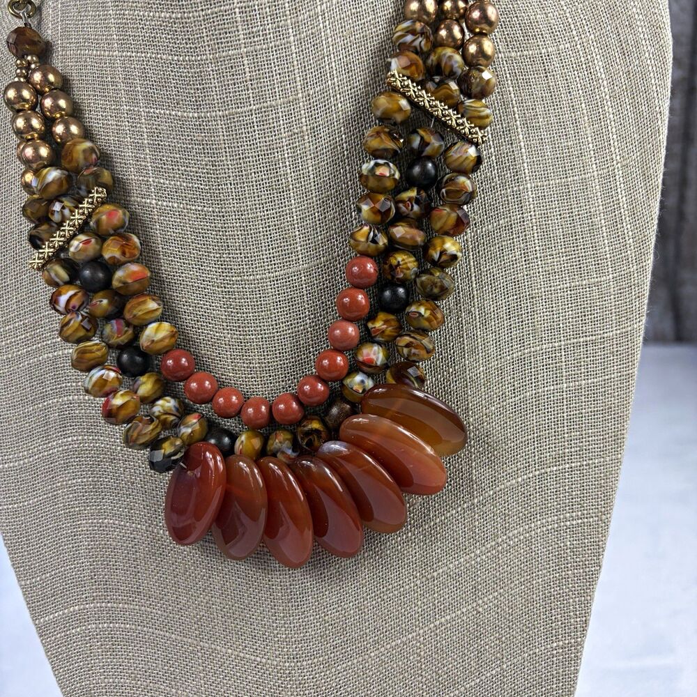 Multi Strand Statement Necklace Genuine Carnelian Gemstone Boho Beaded Bron 22"